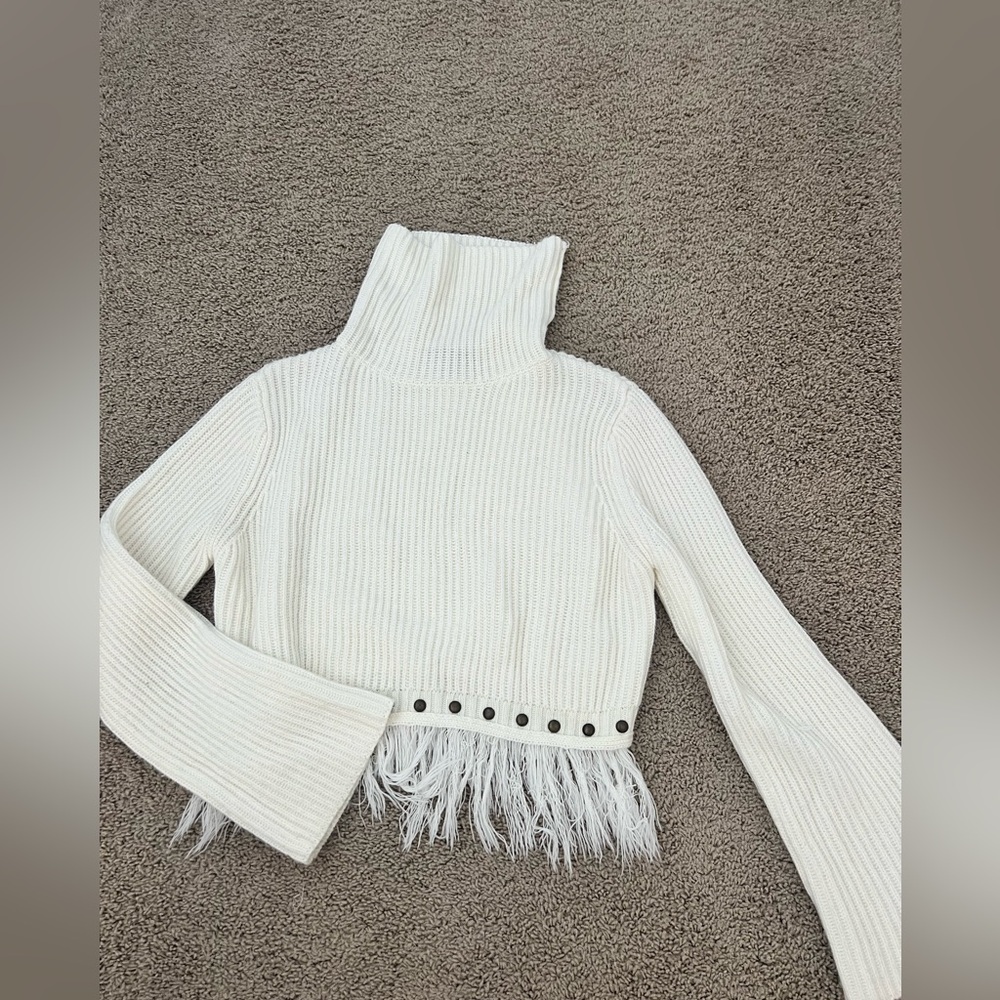 Lulu's Cream Turtleneck Sweater with Fringe
